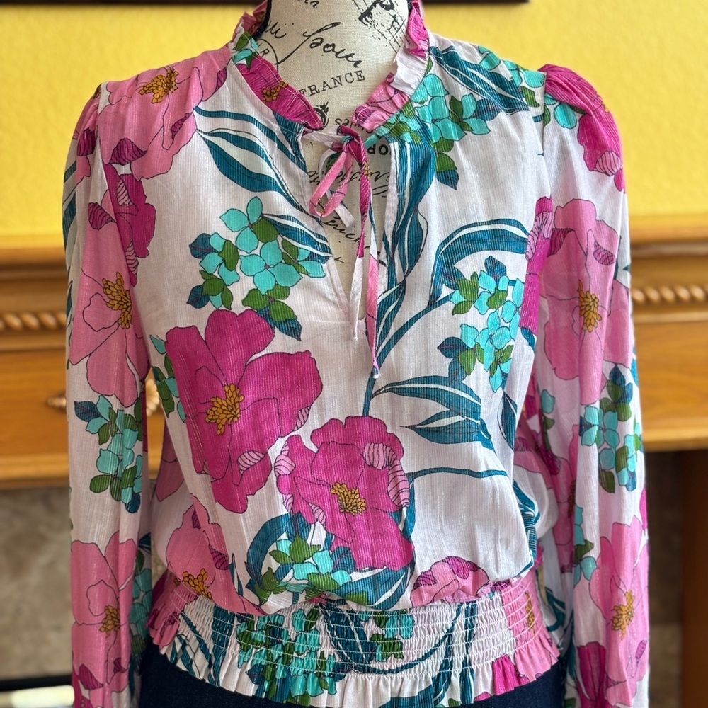 INC International Concepts Pink and Green Smocked Tie Front Blouse